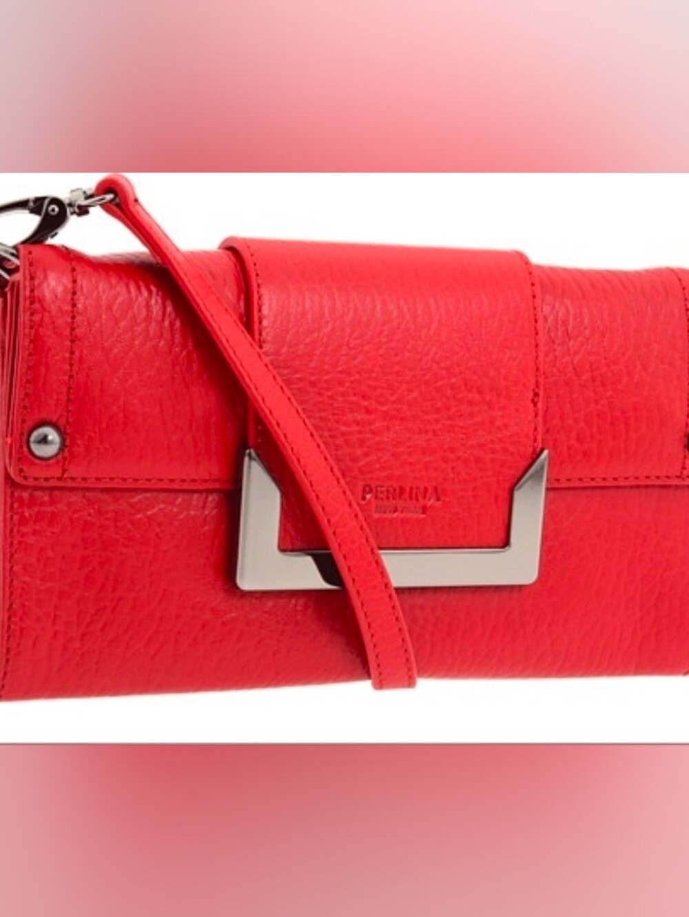 Perlina New York Red Soft Pebble Leather Crossbody Wallet Organizational Purse